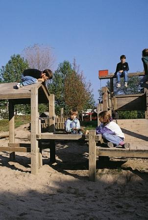 Children playground, wooden climbing structure 